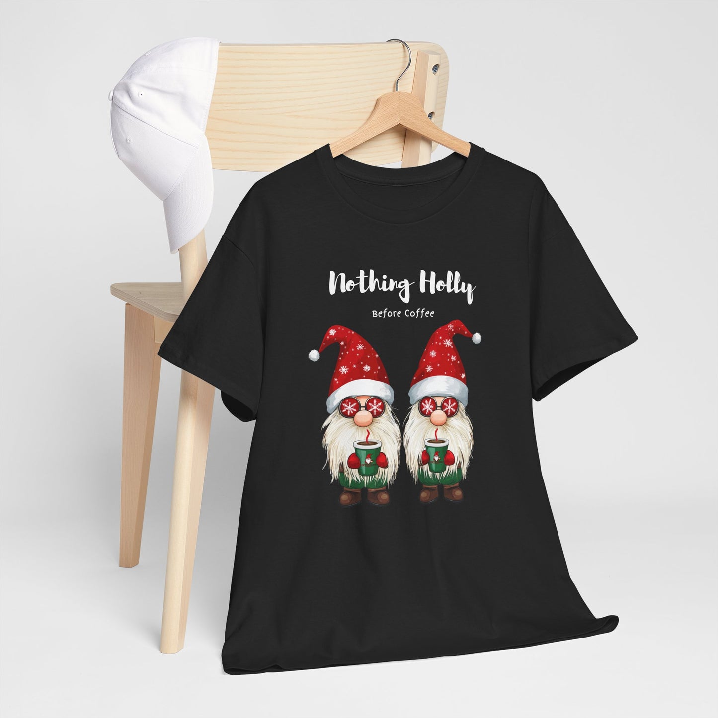 "Nothing Holly Before Coffee" Christmas Gnomes T-Shirt - Festive Holiday Apparel